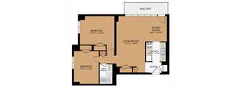 A floor plan of a house with a balcony, two bedrooms, a living room, a dining room, a kitchen, a bathroom, and a foyer.
