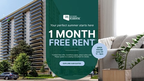 A large green banner advertising a 1 month free rent offer.