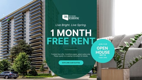A large green banner advertises a 1 month free rent offer for GWL Residential.