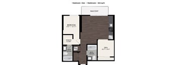 A floor plan of a one bedroom apartment with den and bathroom.