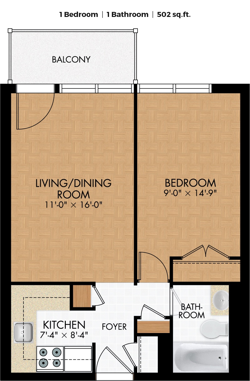 A floor plan of a one bedroom apartment with a living/dining room, kitchen, bathroom, and balcony.