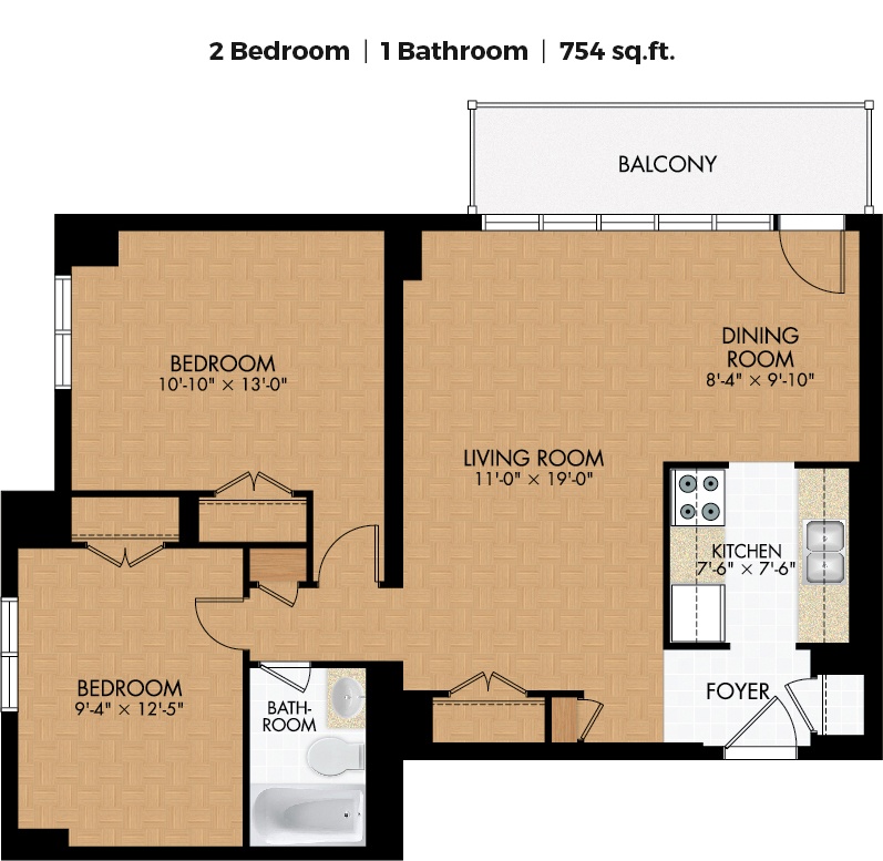 A floor plan of a 2 bedroom, 1 bathroom apartment totaling 754 square feet.