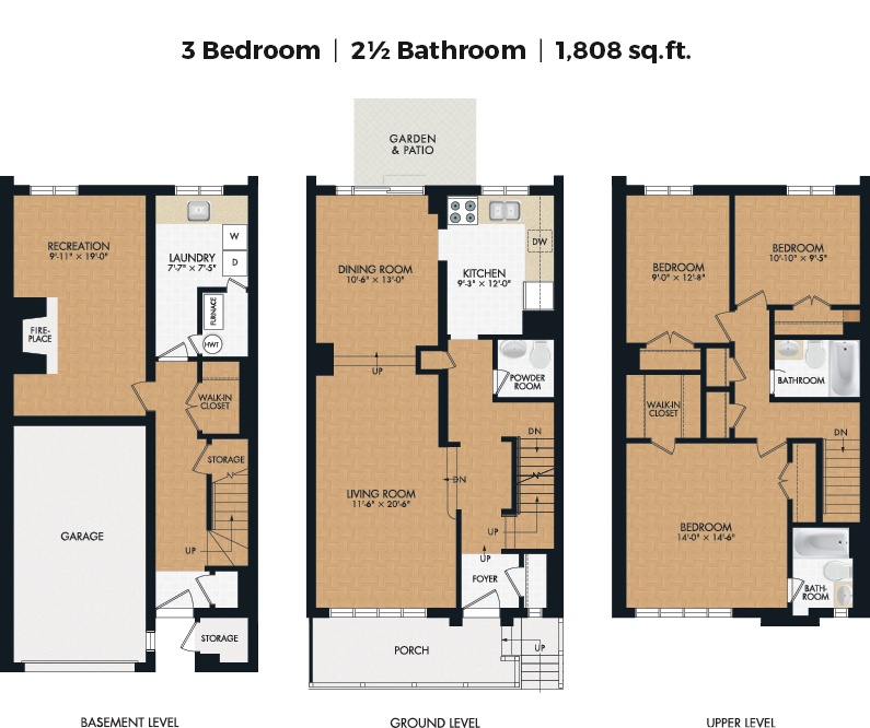 A floor plan for a 3 bedroom, 2 1/2 bathroom home that is 1,808 square feet.