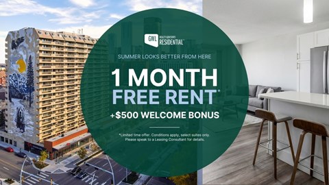 A promotional image for a 1 month free rent offer with a $500 welcome bonus.
