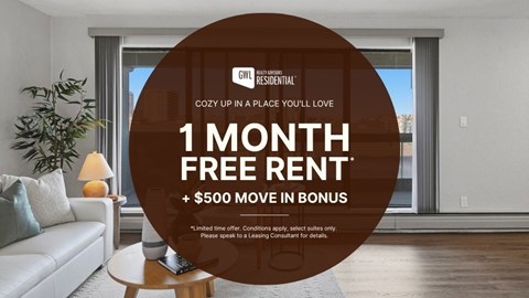 A promotional image for a 1 month free rent offer with a $500 move in bonus.