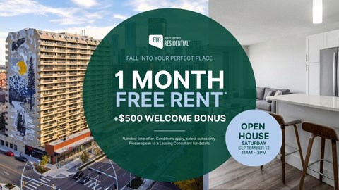 A promotional image for a 1 month free rent with a $500 welcome bonus.