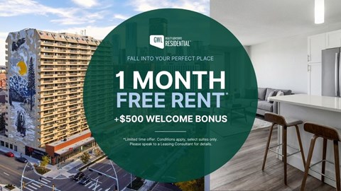 A promotional image for a 1 month free rent offer with a $500 welcome bonus.