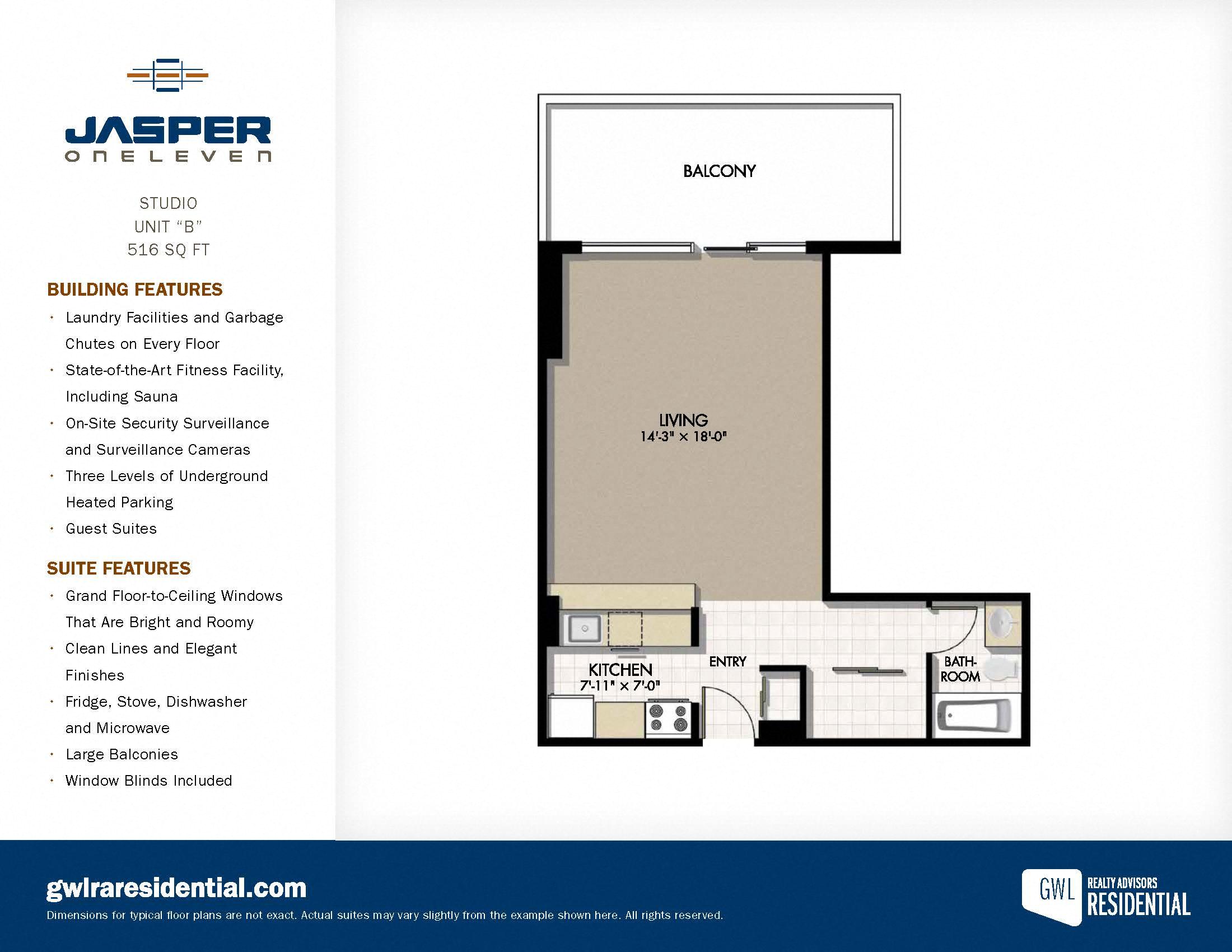 A floor plan for a Jasper OneLeven studio apartment with a balcony, living room, kitchen, and bathroom.