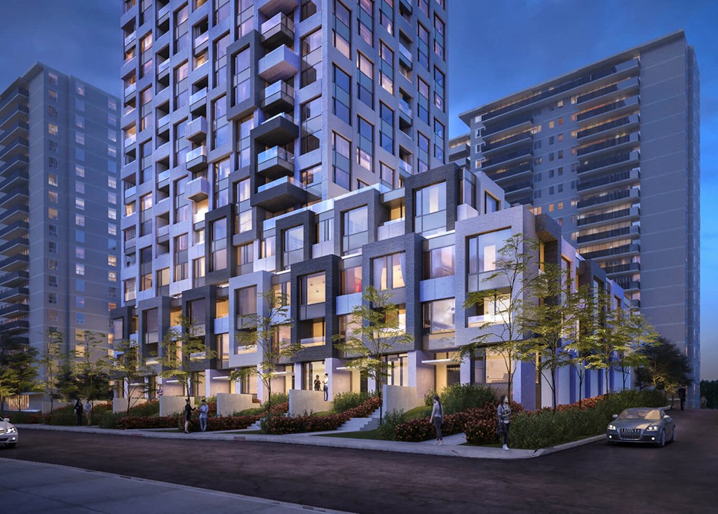 a rendering of an apartment building with condos in the background