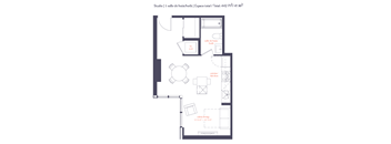 A floor plan of a studio apartment with a living room, kitchen, and bathroom.