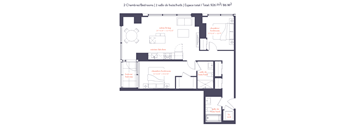 A floor plan of a two bedroom apartment with a total area of 926 square feet.