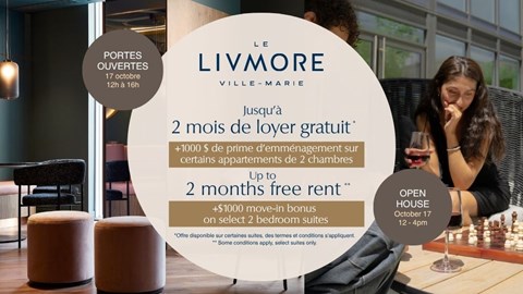 A promotional image for Livmore Ville-Marie advertising a two months free rent offer.