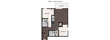 A floor plan of a 2 bedroom, 1 bathroom apartment with a balcony.