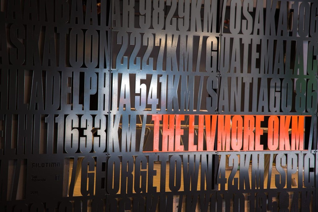 A wall of letters spelling out "The Livmore OK" in orange.