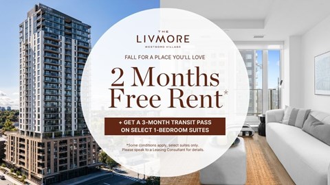 A promotional image for Livmore Westbrook Village offering 2 months free rent and a 3-month transit pass on select 1-bedroom suites.