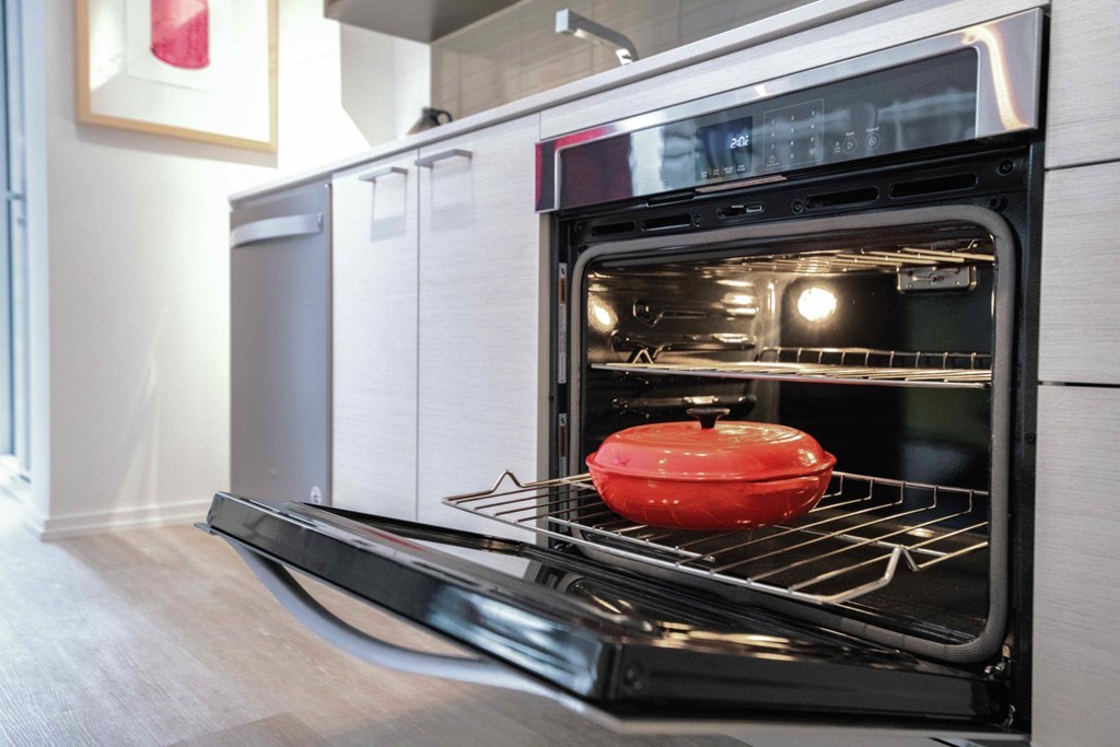 A red pot is sitting on the rack of an oven.