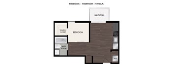 A floor plan of a one bedroom apartment with a bathroom and balcony.