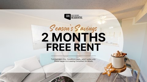A promotional image for a 2 months free rent offer from GWL Residential.