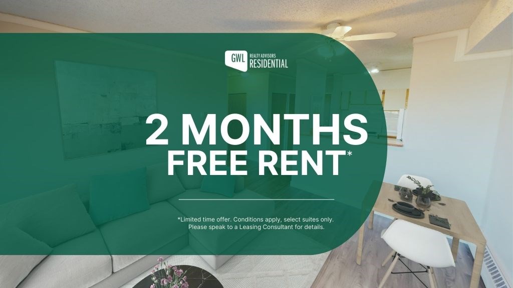 A room with a desk and a chair is shown with text advertising "2 MONTHS FREE RENT".