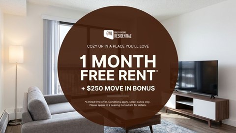 A living room with a television and a couch is advertised for a free month of rent and a $250 move-in bonus.