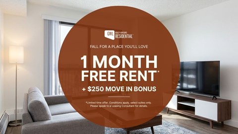 A living room with a TV and a couch is advertised to have a free rent for one month and a $250 move in bonus.