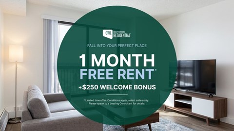 A living room with a couch, a television, and a lamp is advertised to have a free one month rent and a $250 welcome bonus.