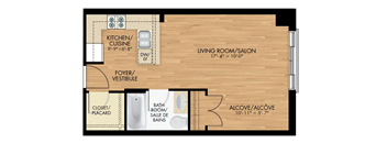 A floor plan of a kitchen, living room, and bathroom.
