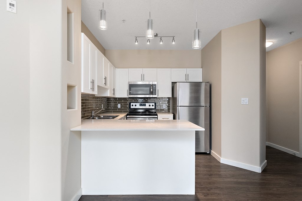 A kitchen with a white counter and stainless steel appliances.