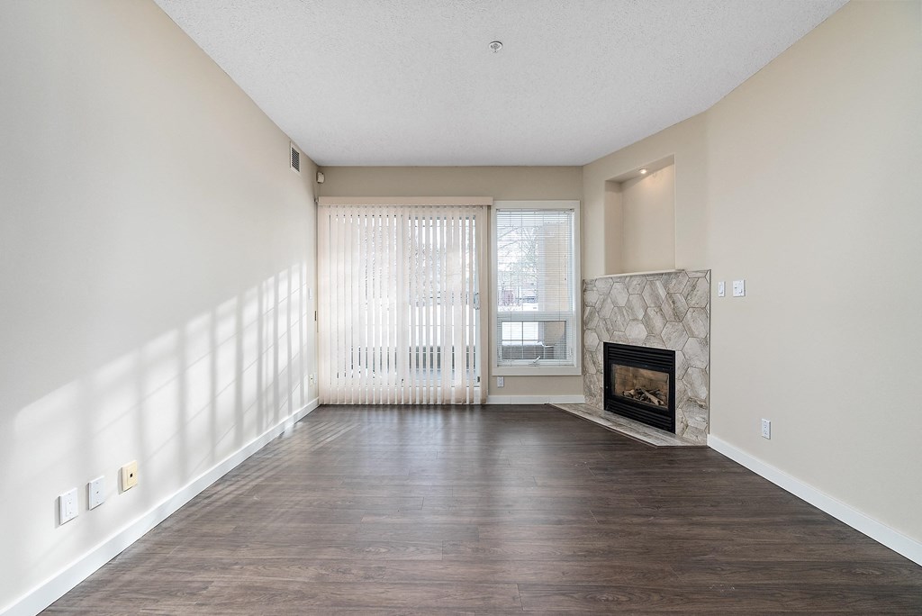 A large empty room with a fireplace and a sliding glass door.