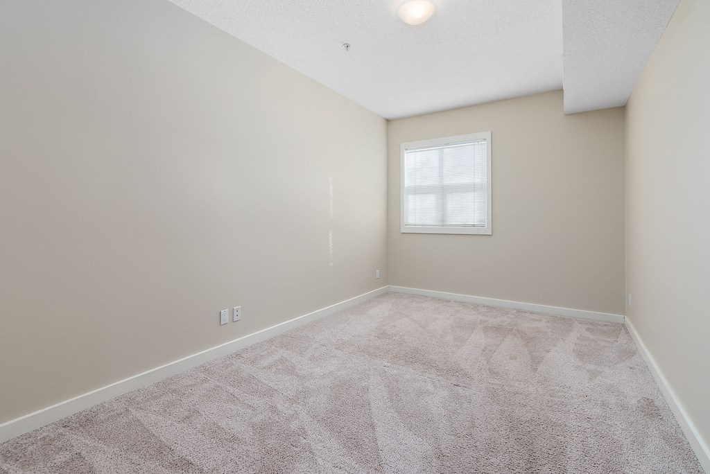 A room with a carpeted floor and a window.