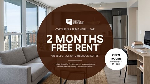 A promotional image for a 2 months free rent offer on select junior 2-bedroom suites at GWL Residential.