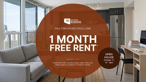 A promotional image for a 1 month free rent offer at a residential building.