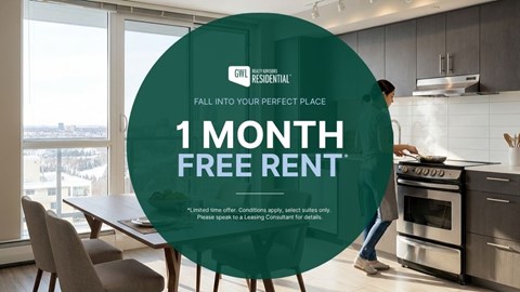 A woman is cooking in a modern kitchen with a promotion for 1 month free rent.