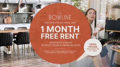A promotional image for The Bowline offers a free one month rent and a bonus for select studio and bedroom suites.