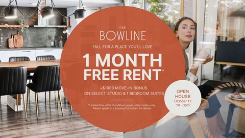 A promotional image for The Bowline, offering a free 1 month rent and a bonus for select studio and bedroom suites.
