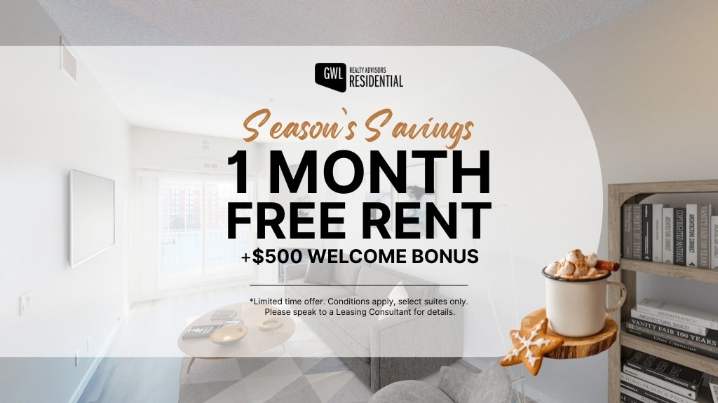 A promotional image for a 1 month free rent and $500 welcome bonus offer.