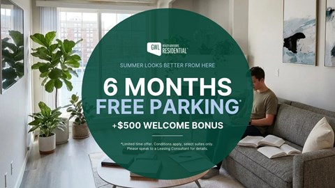 A man is sitting on a couch in a living room with a large green circle in the foreground advertising free parking and a welcome bonus.