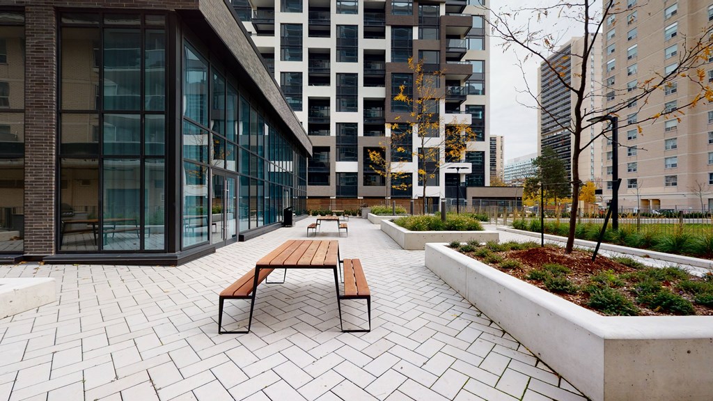 A bench sits in the middle of a paved courtyard.