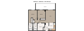 A floor plan of a 2 bedroom, 2 bathroom apartment sized 835-1,000 sq.ft.