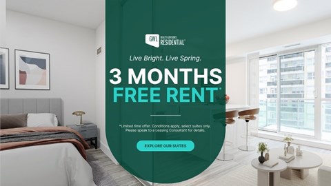 A room with a bed, a nightstand, and a lamp is shown with a sign offering 3 months free rent.