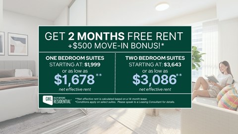 A woman is sitting on a couch in a room with a sign offering free rent for 2 months and a $500 move-in bonus.
