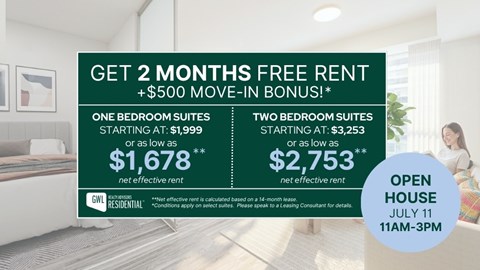 A promotional image for GWL Residential offering free rent for two months and a $500 move-in bonus.