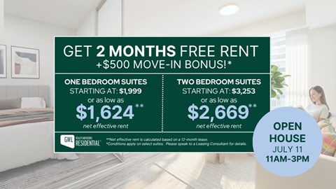 A promotional image for GWL Residential offering free rent for two months and a $500 move-in bonus.