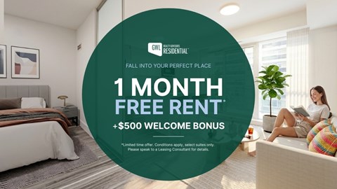 A woman is sitting on a couch in a well-lit room, reading a book, with a large green circle in the foreground advertising a 1 month free rent plus $500 welcome bonus offer.