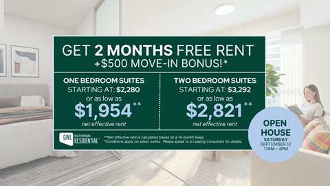 A promotional image for GWL Residential offering free rent for two months and a $500 move-in bonus.