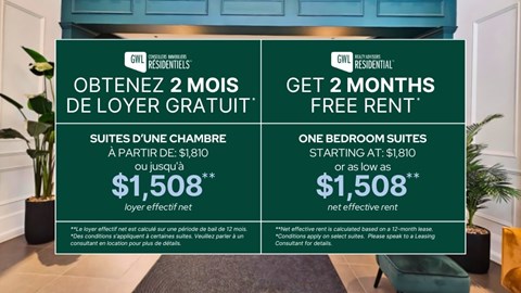 A promotional image for GWL Residential offering 2 months free rent on one bedroom suites.