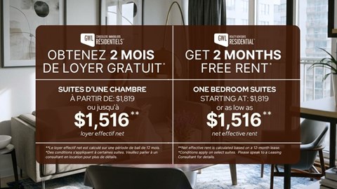 An advertisement for a free 2 month rental offer for one bedroom suites.