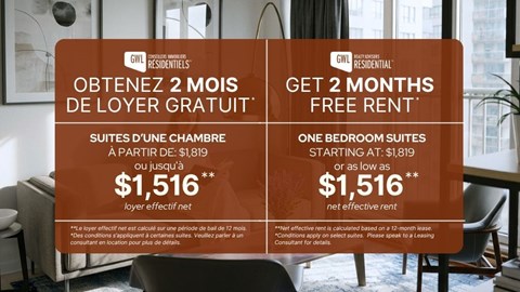 An advertisement for GWL Residential offering 2 months free rent for one bedroom suites.