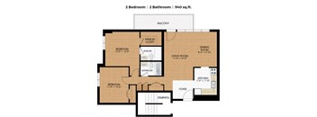 A floor plan of a 2 bedroom, 2 bathroom apartment sized 940 sq.ft.