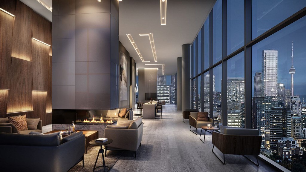 A modern living room with a view of the city skyline.